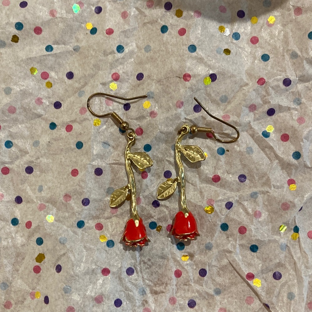 Gold and Red Floral Drop Earrings